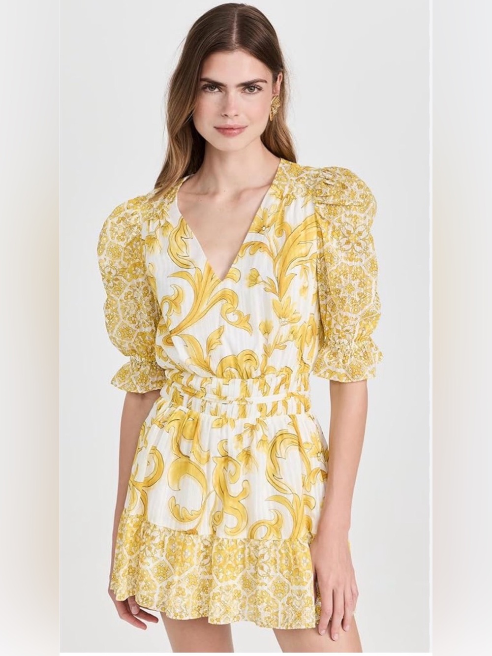 Ramy Brook Yellow & White Printed Puff-Sleeve Mini Dress XS